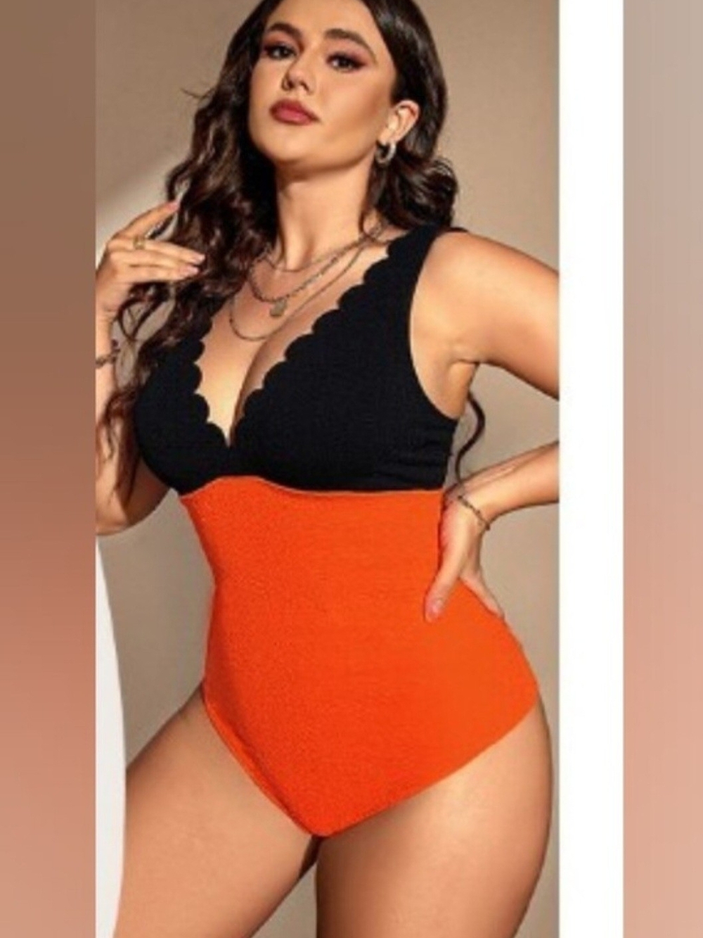Scalloped V-Neck Two-Tone One-Piece Swimsuit — Black & Orange